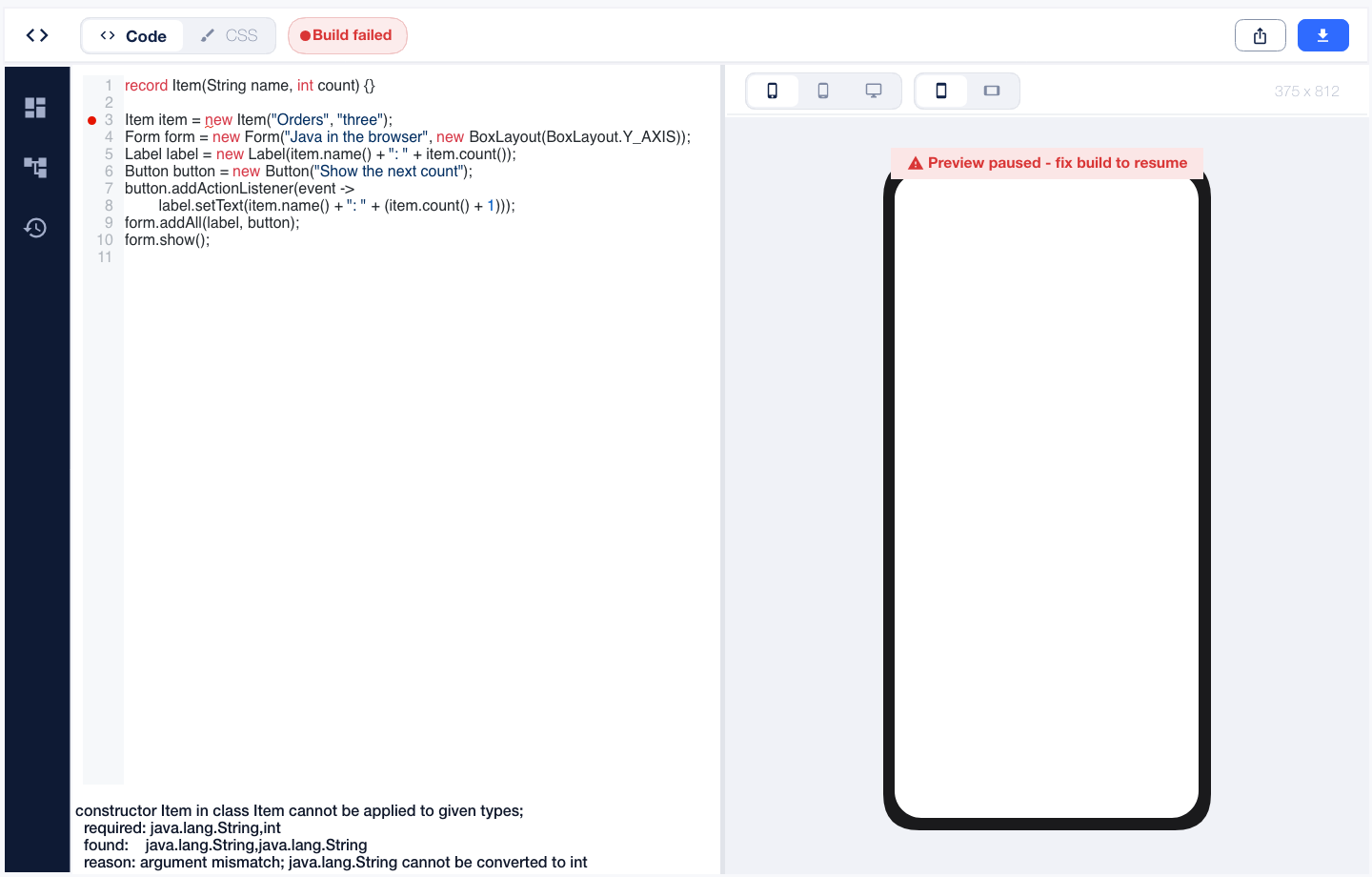 The Playground reports that the Item constructor requires an int after three is supplied as a string