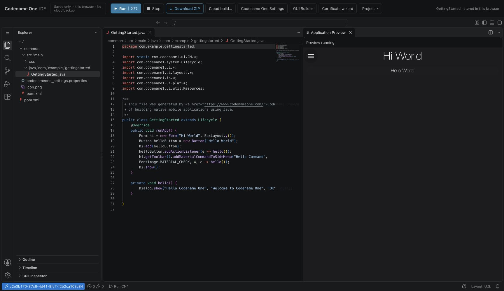 GettingStarted.java open beside the running Hi World application in the browser IDE