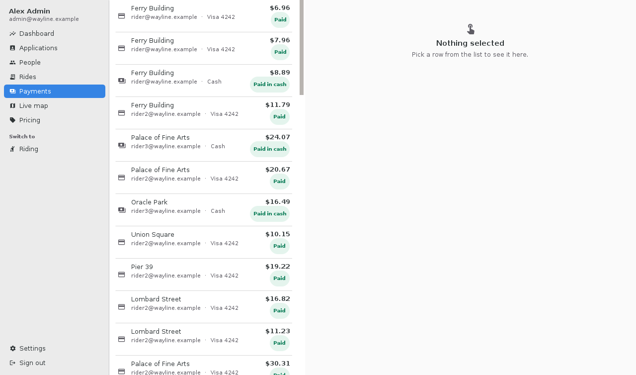 The payments section of the console listing each charge with its destination, the rider, the card or cash, the amount and whether it was paid