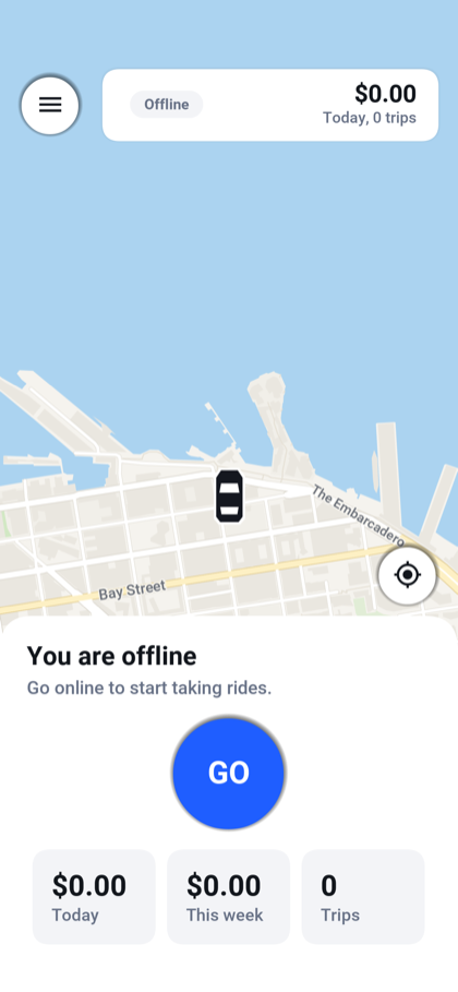 The driving screen while offline: the day’s earnings, a badge reading Offline and the round GO button
