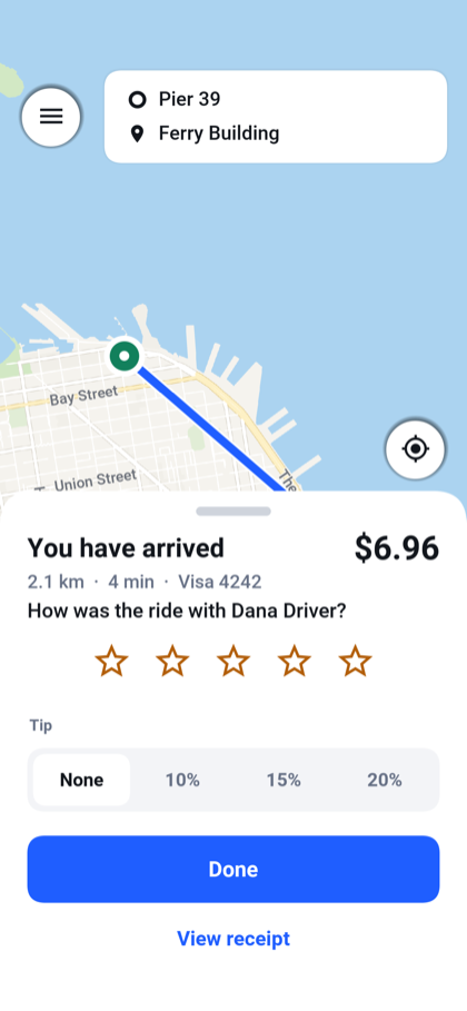The sheet shown when a ride ends, with the fare, five stars to rate the driver and a row of tip percentages