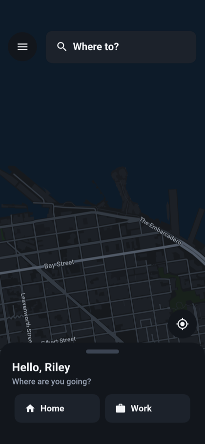 The rider home screen in the dark theme with the map drawn in dark colors
